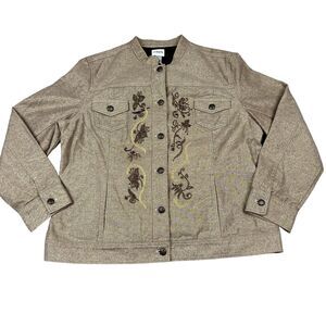 Chico’s Platinum Size 3/XL Womens Gold Embroidered Denim Military Style Jacket